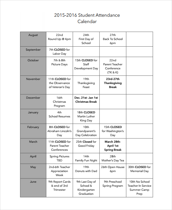 school student attendance calendar