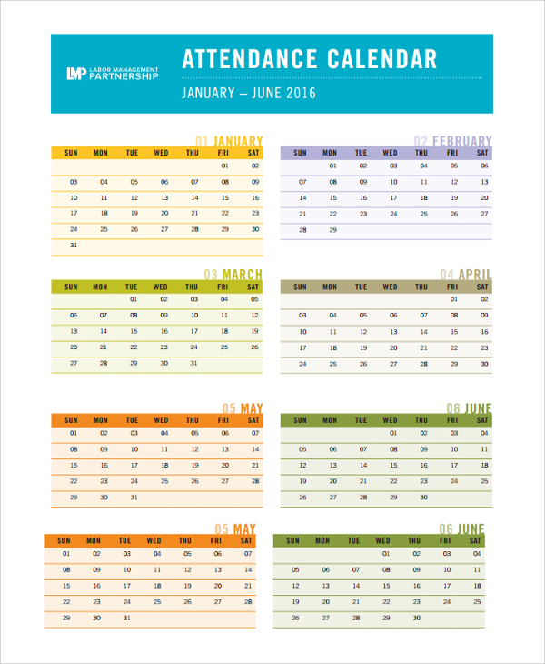 formal attendance calendar template