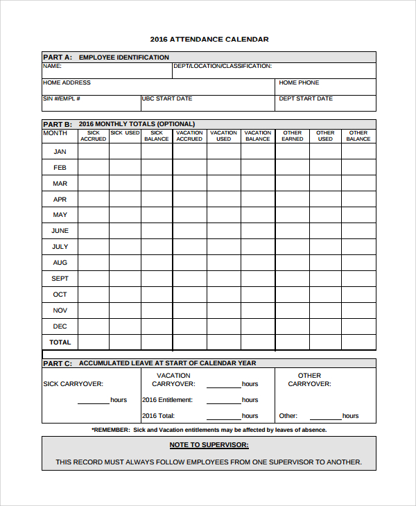 sample attendance calendar template
