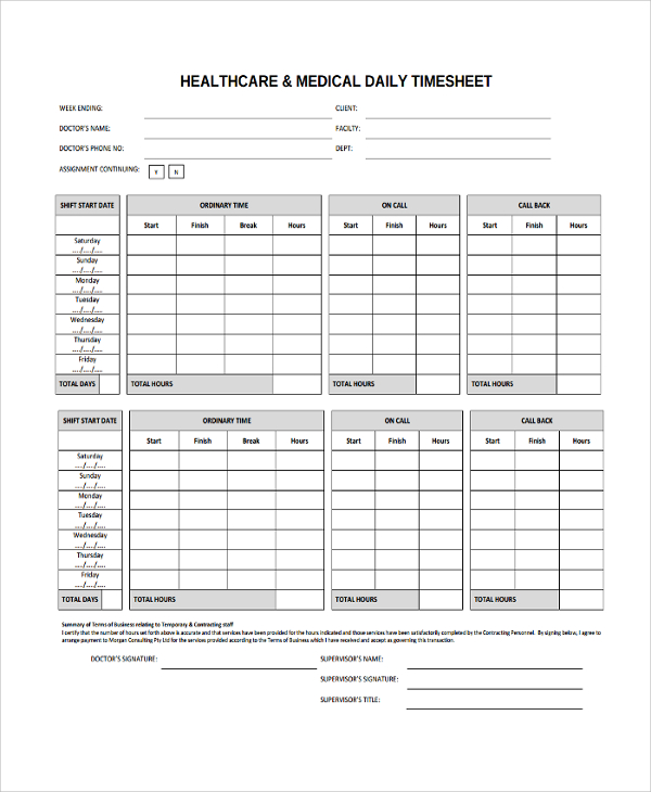 Free Printable Home Health Care Timesheets