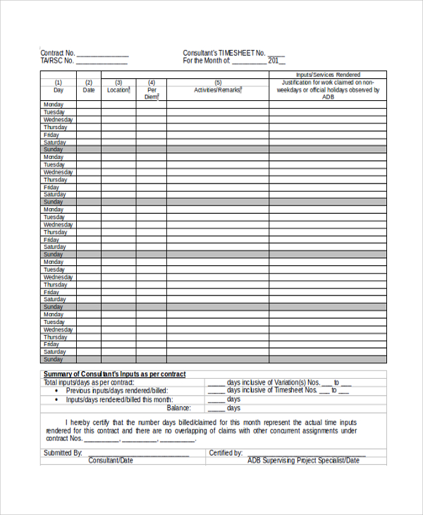 FREE 11+ Sample Consultant Timesheet Templates in PDF MS Word Excel