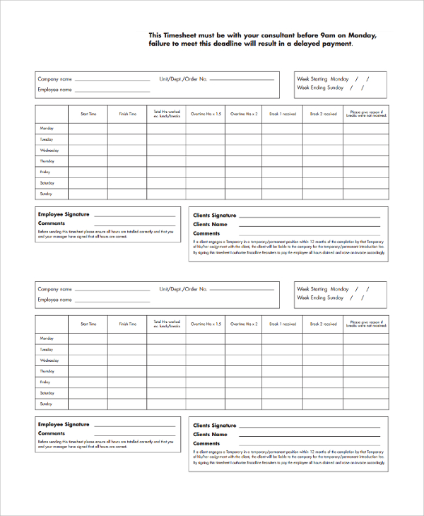 FREE 11+ Sample Consultant Timesheet Templates in PDF MS Word Excel