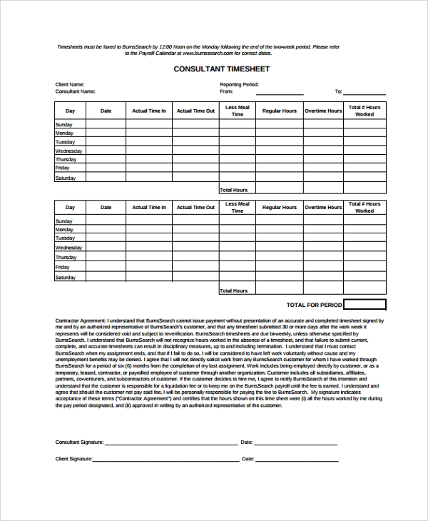 FREE 11+ Sample Consultant Timesheet Templates in PDF | MS ...