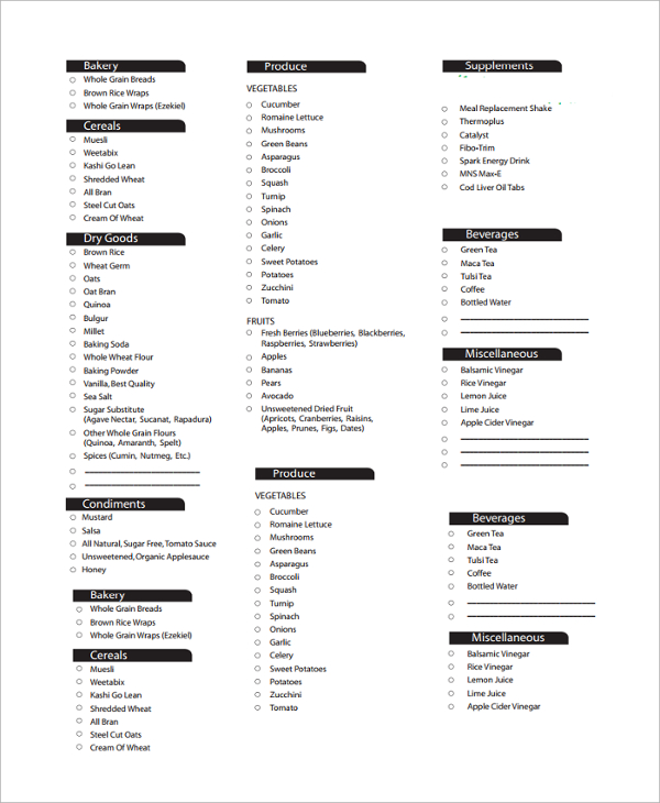 Sample Grocery List