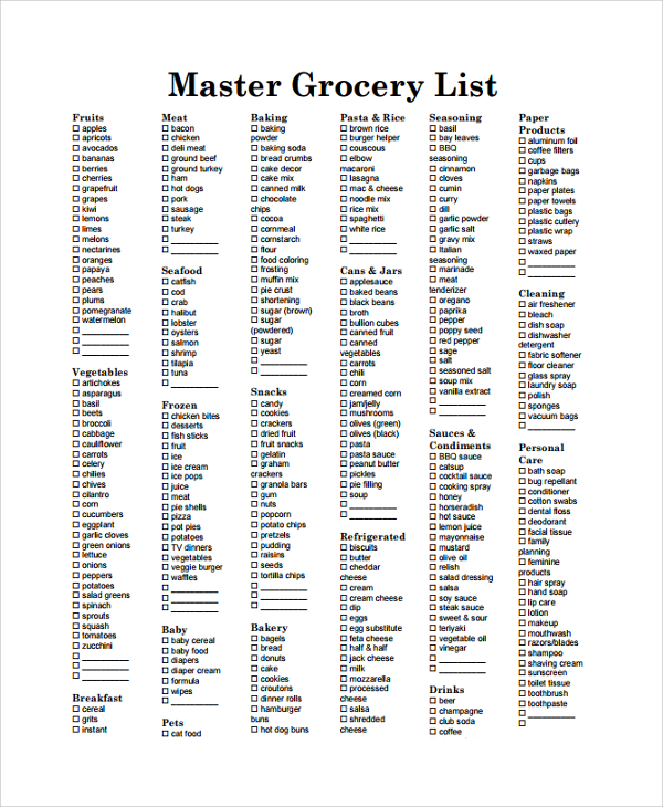 FREE 25+ Sample Grocery Lists in PDF