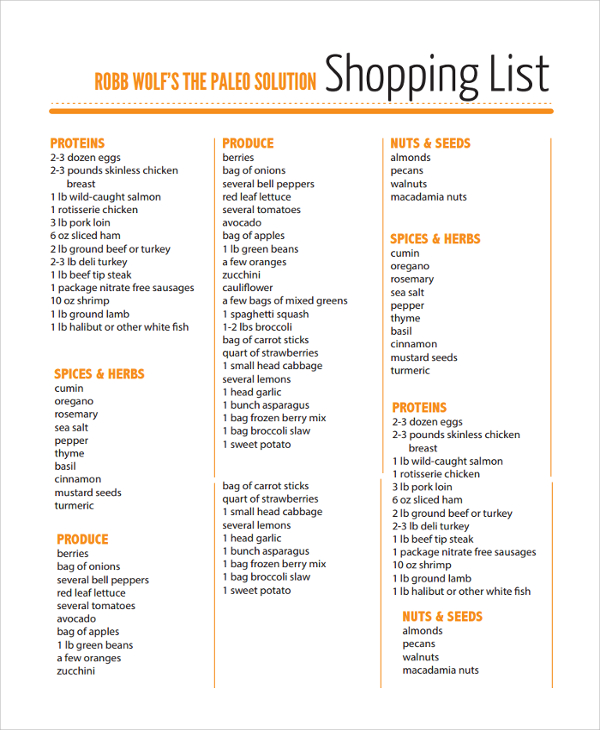 printable grocery sample list Documents Sample in PDF  List 20 Grocery