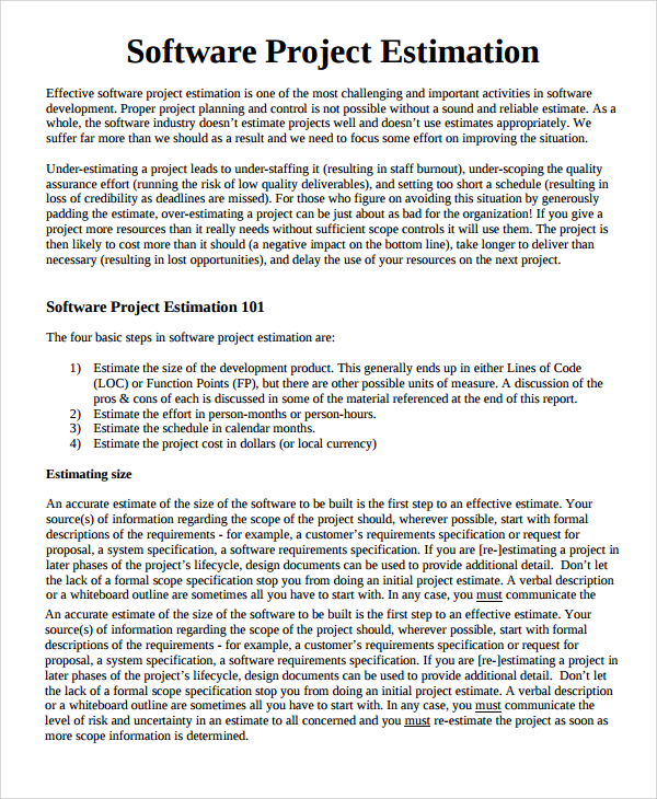 software project estimation proposal template