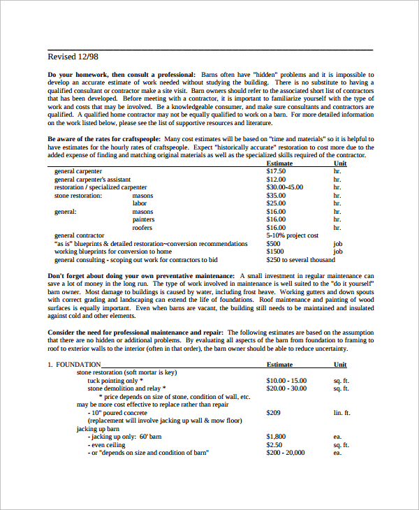 FREE 8+ Sample Remodeling Estimate Templates in MS Word PDF