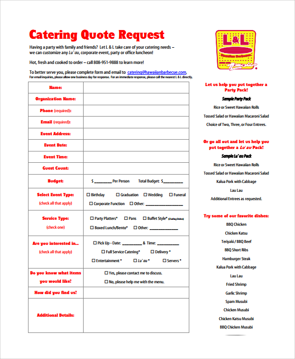 catering event quote request form