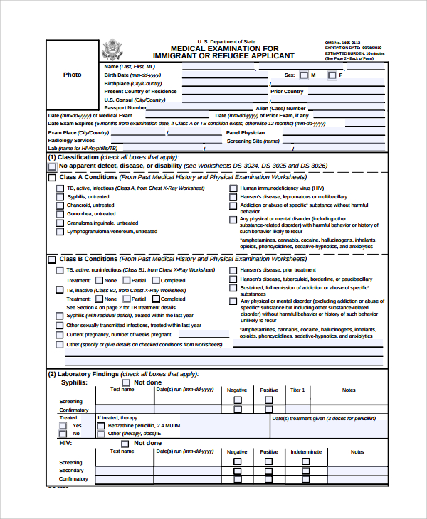 immigration physical exam form