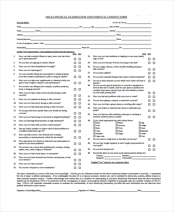 ossaa physical exam consent form