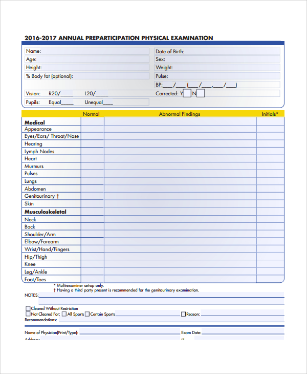 FREE 9 Sample Physical Exam Forms In PDF