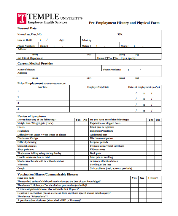 pre employment history physical exam form 