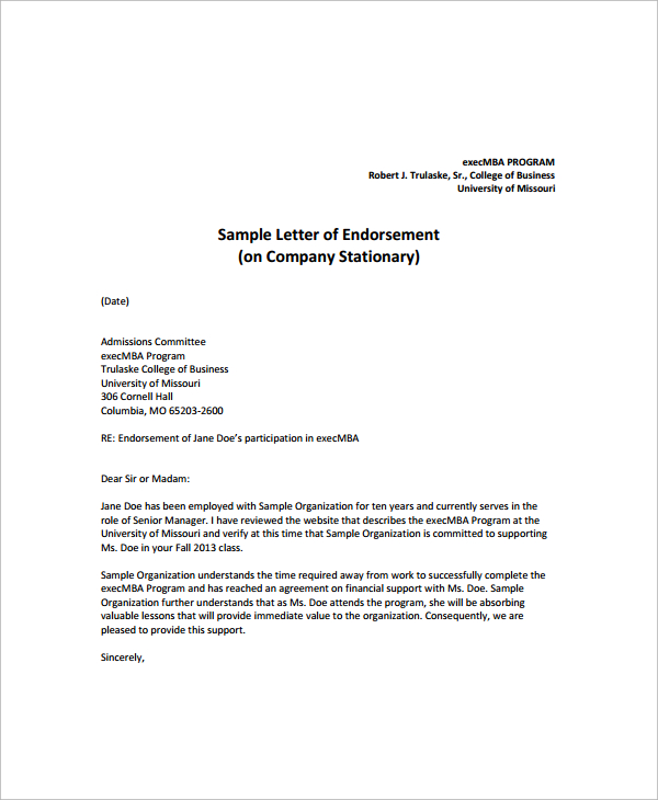 business endorsement letter