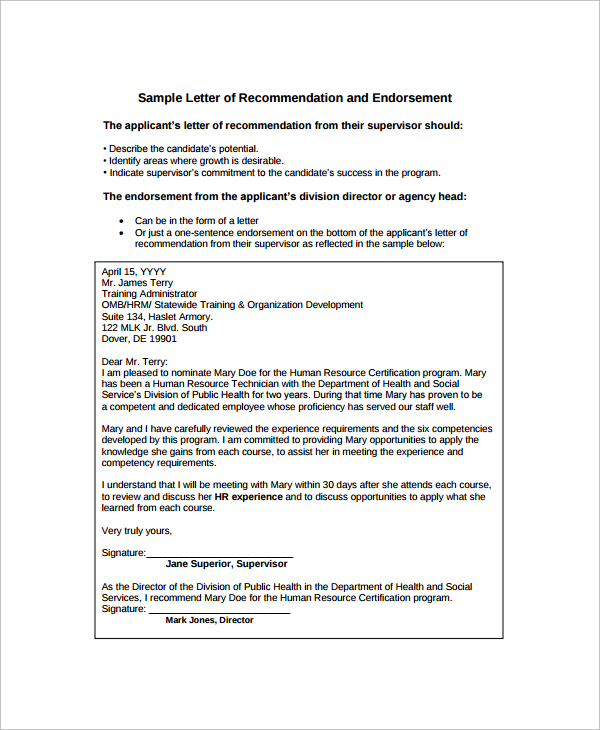 letter of recommendation and endorsement