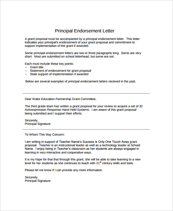 principal endorsement letter