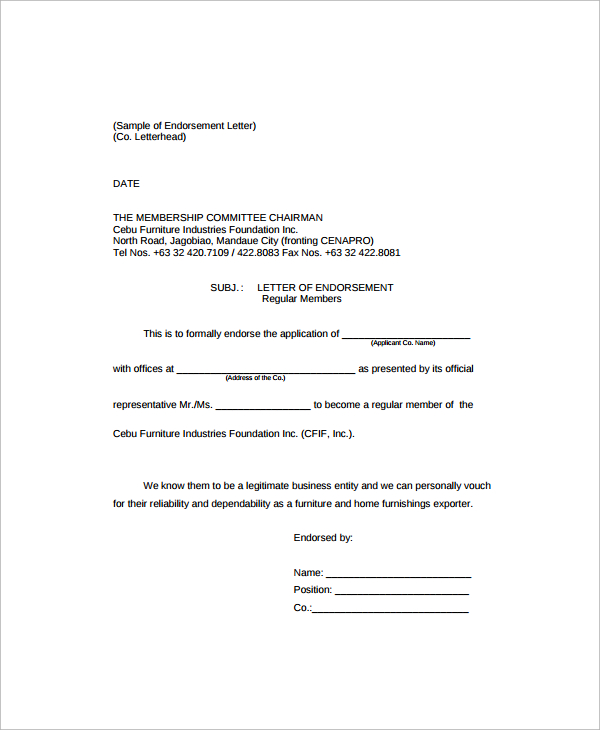 FREE 12+ Sample Endorsement Letter Templates in PDF | Google Docs ...