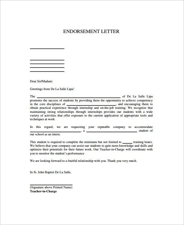 professional endorsement letter 