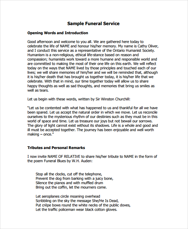 sample funeral service template