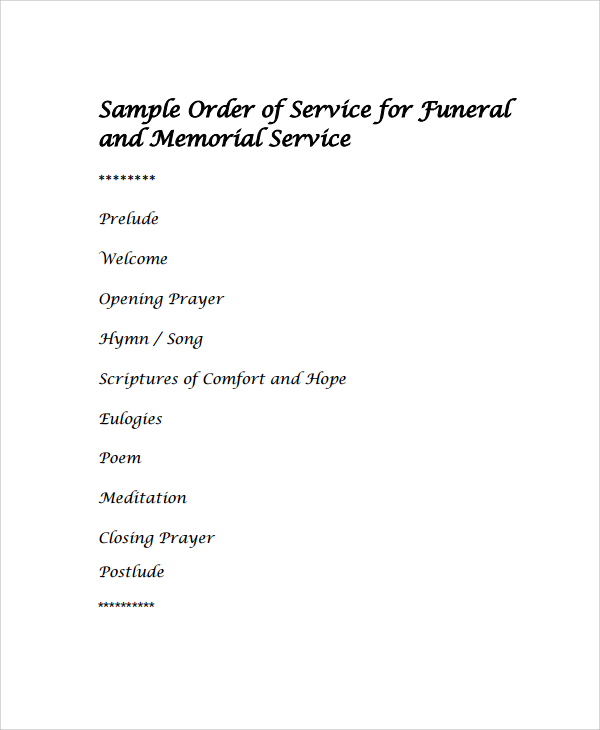 sample order of service for funeral 