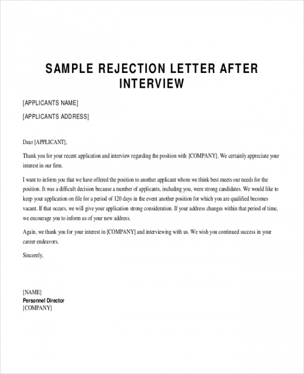 sample decline application letter