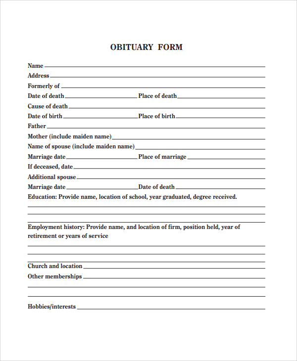 funeral obituary form template