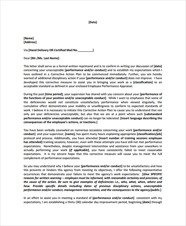 reprimand unacceptable letter behavior Word Sample  PDF, Documents in Disagreement 6 Letter