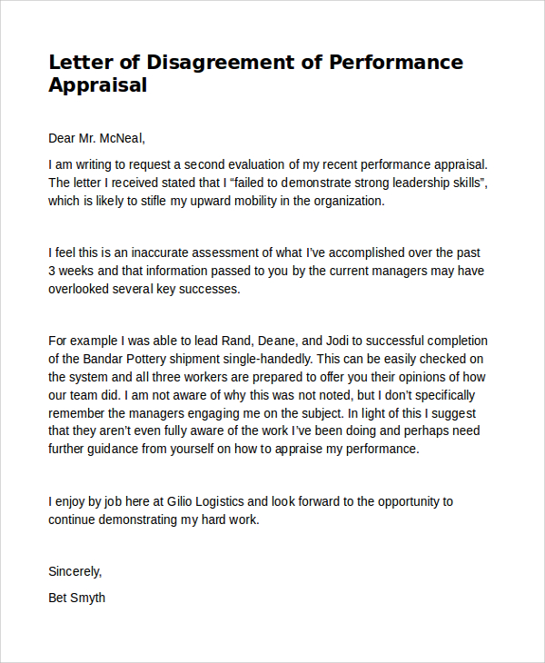Sample Disagreement Letter To Employer For Performance 
