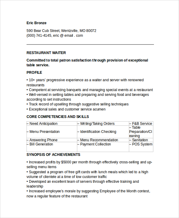 7+ Sample Waiter Resume Templates Sample Templates