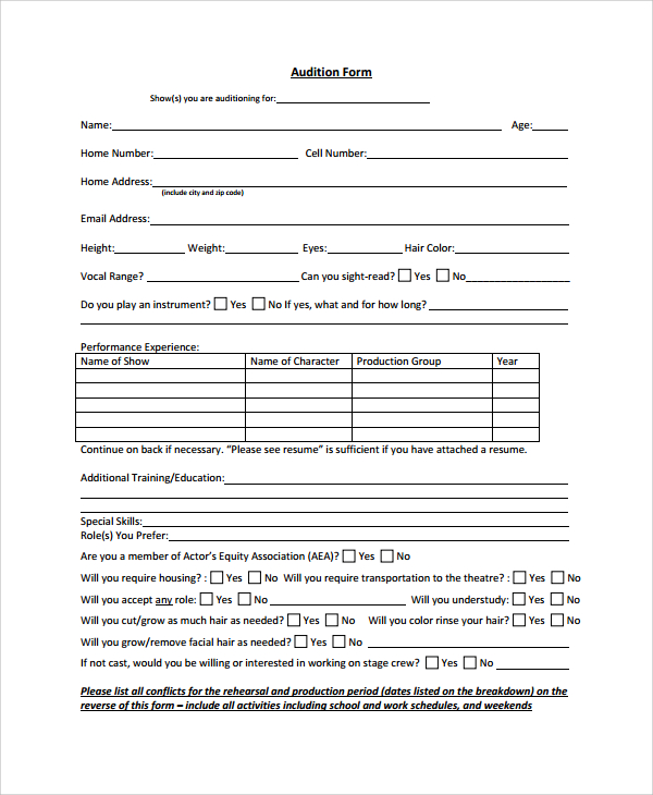 evaluation audition form Templates Form 8 Templates  Sample Sample  Audition