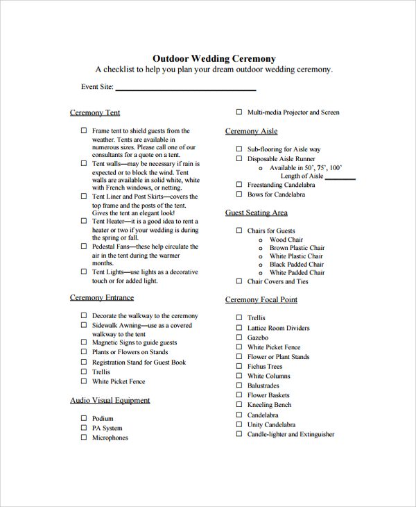 FREE 26 Sample Wedding Checklists In PDF MS Word Google Docs Pages   Outdoor Wedding Ceremony Checklist 