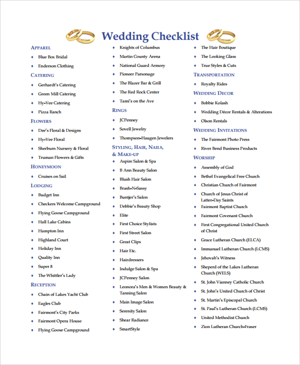 free 26 sample wedding checklists in pdf ms word