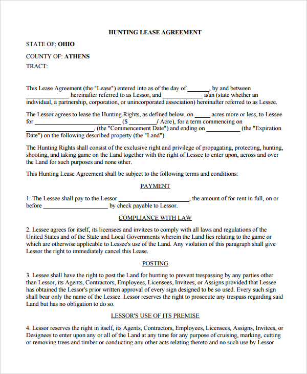Printable Simple Hunting Lease Agreement