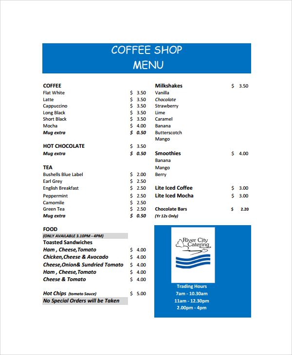 coffee shop menu template