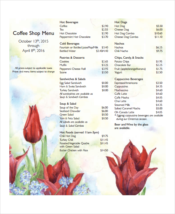 coffee shop beverages menu