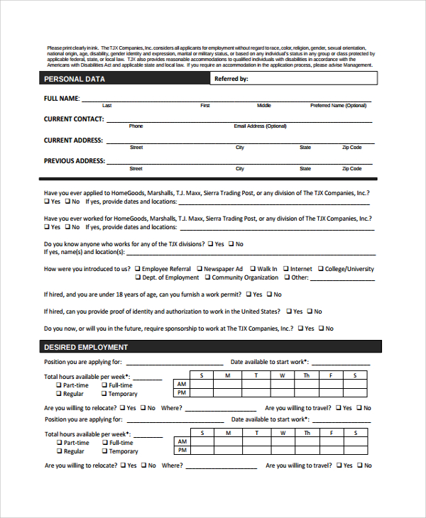 Employment Application Form Examples Pdf Examples Sample Printable