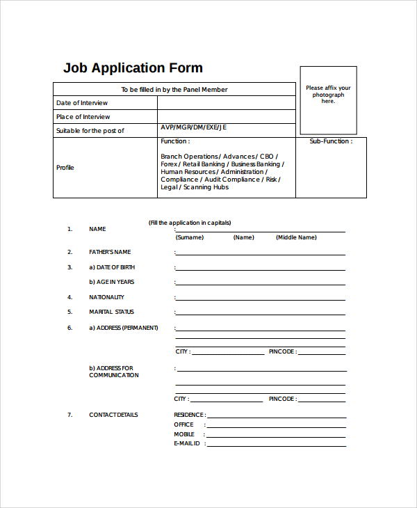 Application format for applying job in bank
