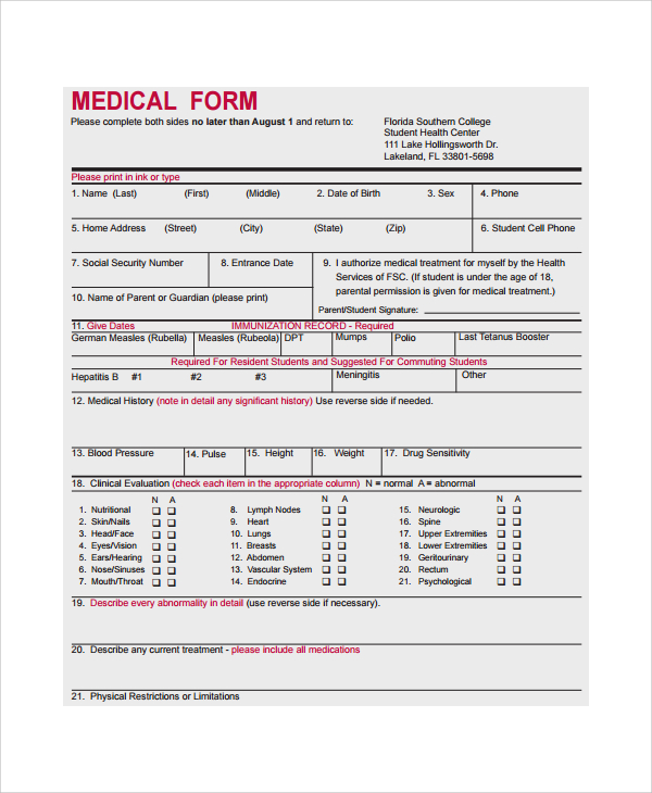 FREE 9 Medical Form Samples In MS Word PDF