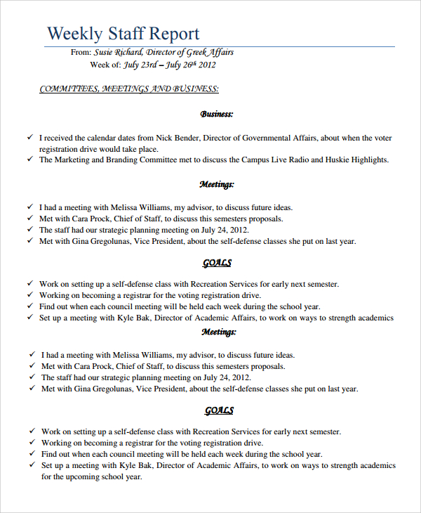 weekly staff report template