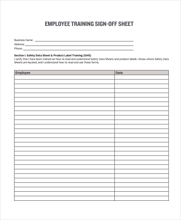 training sign off form