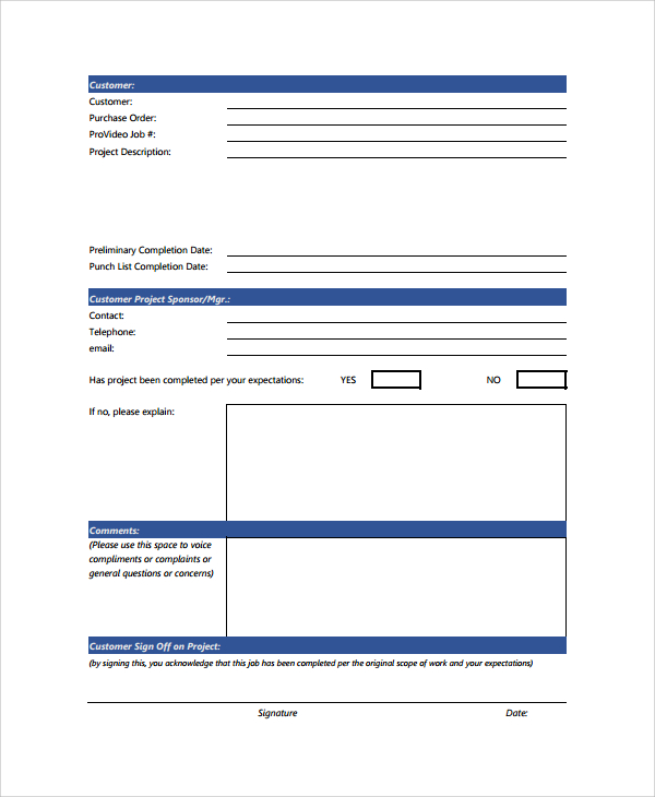 project sign off form