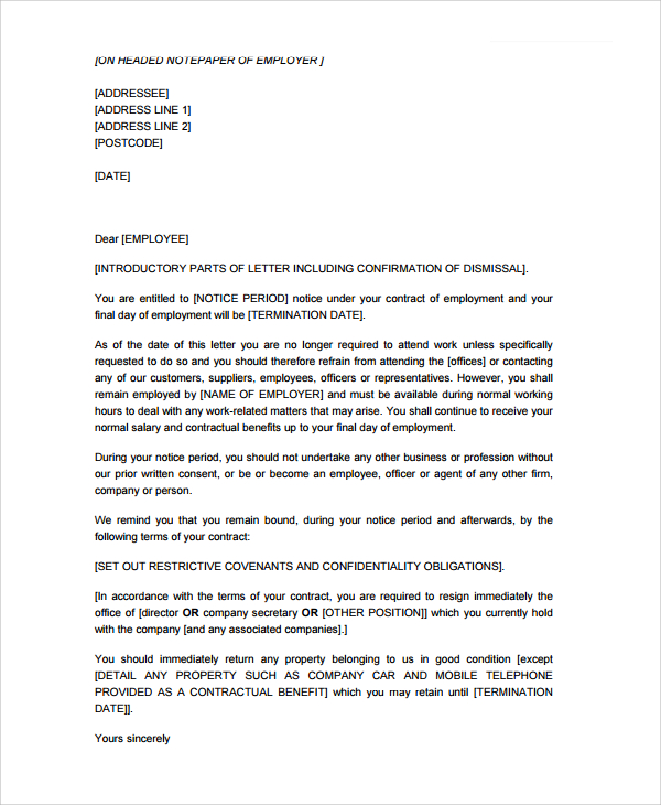 dismissal notice letter