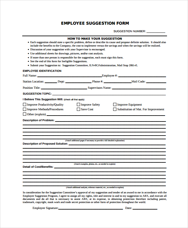 Free 7 Sample Employee Suggestion Forms In Pdf Ms Word