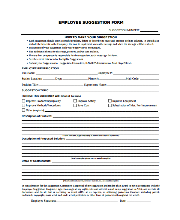 FREE 7+ Sample Employee Suggestion Forms in PDF MS Word