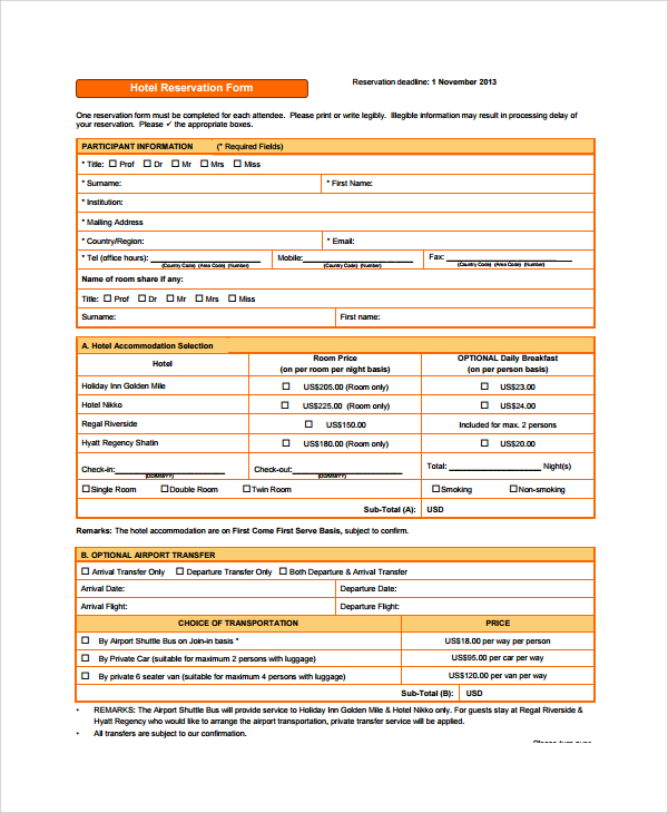 Sample Reservation Form 9 Documents in PDF