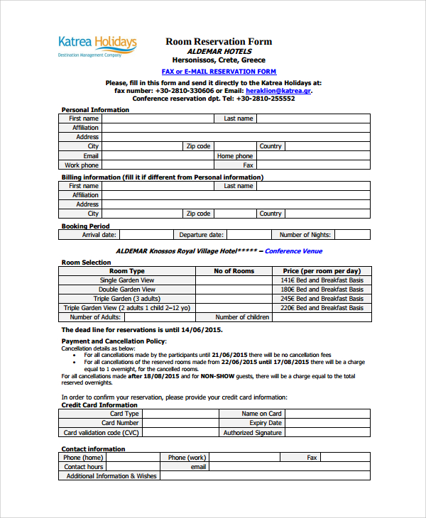 Sample Reservation Form - 9+ Documents in PDF