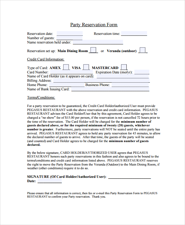 party reservation form