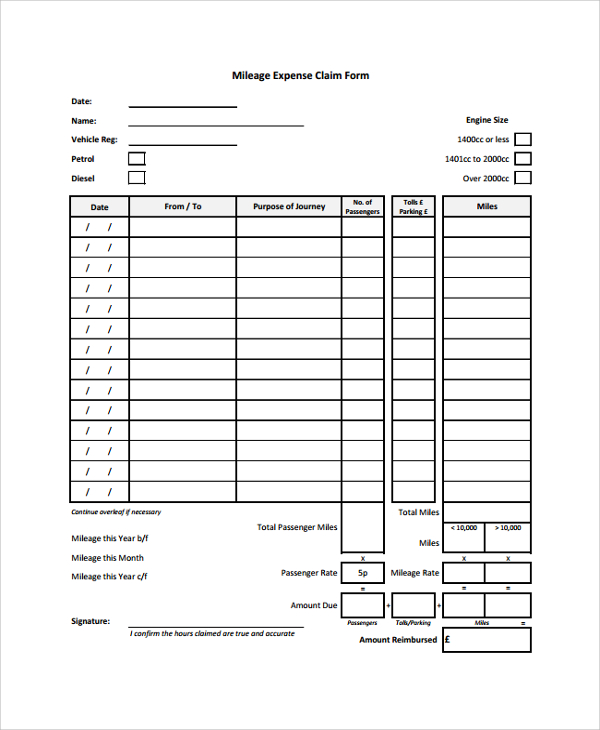 mileage expense claim form