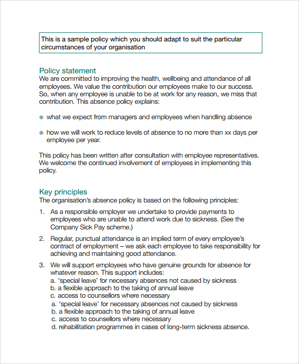 employee attendance policy template