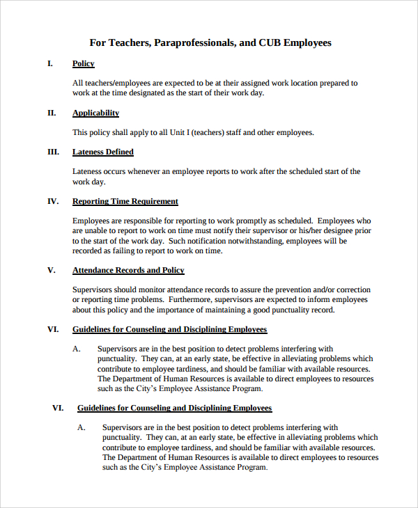 staff attendance policy template